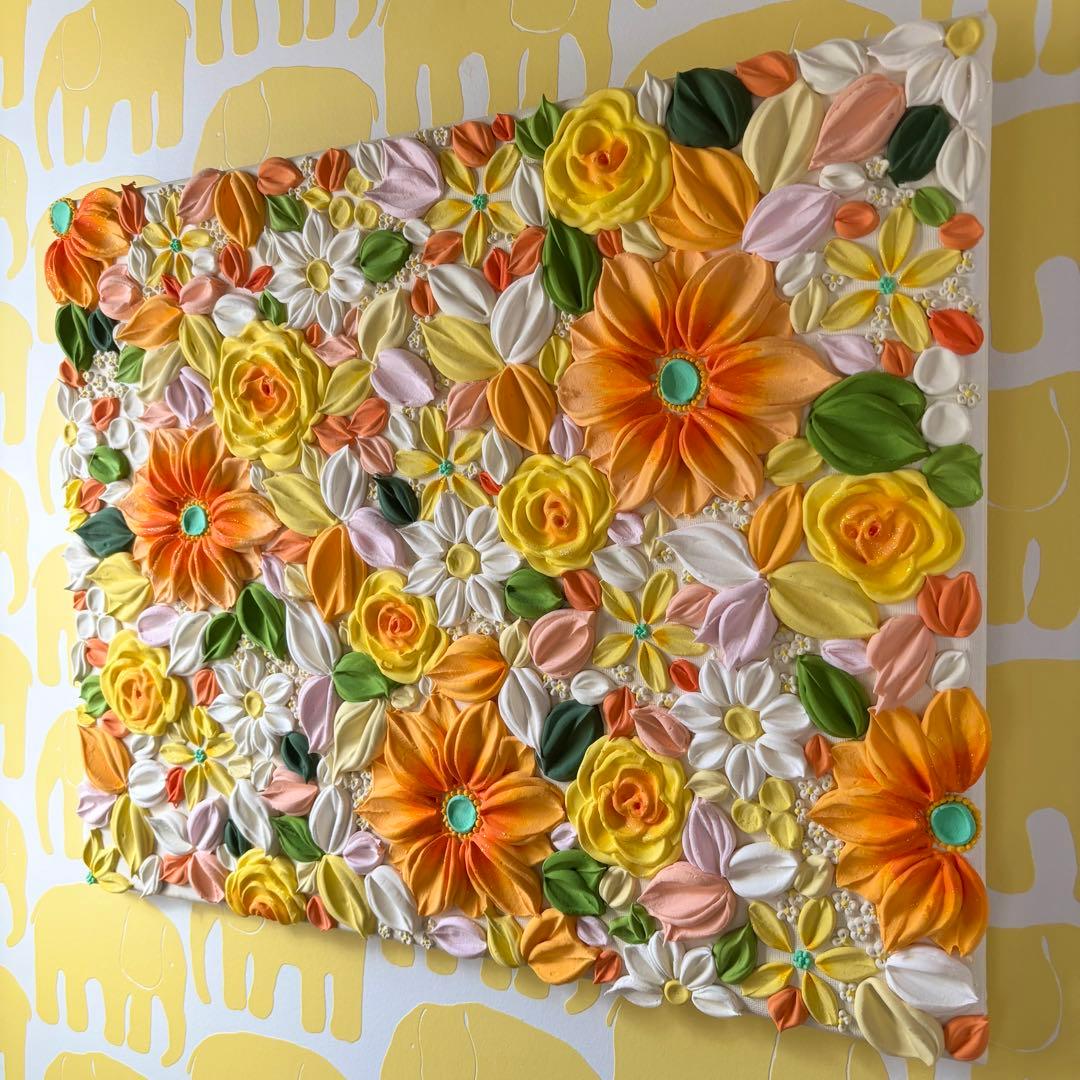 テクスチャーアート　花束　壁掛け　海外　現代アート　花の絵　フラワーアート