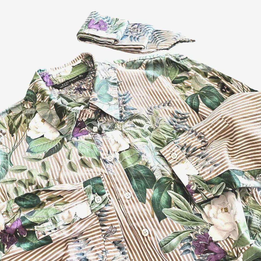 Y*-様 ZARA WOMAN　Ｌ　花柄シャツワンピース　ボタニカル/ストライプ