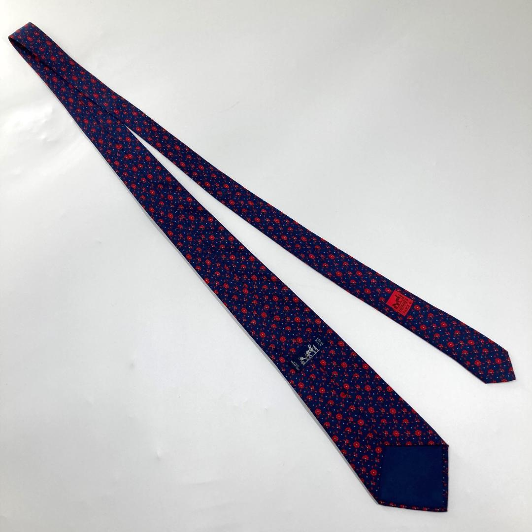 Hermès　エルメス　ネクタイ　ネイビー　レッド　花柄