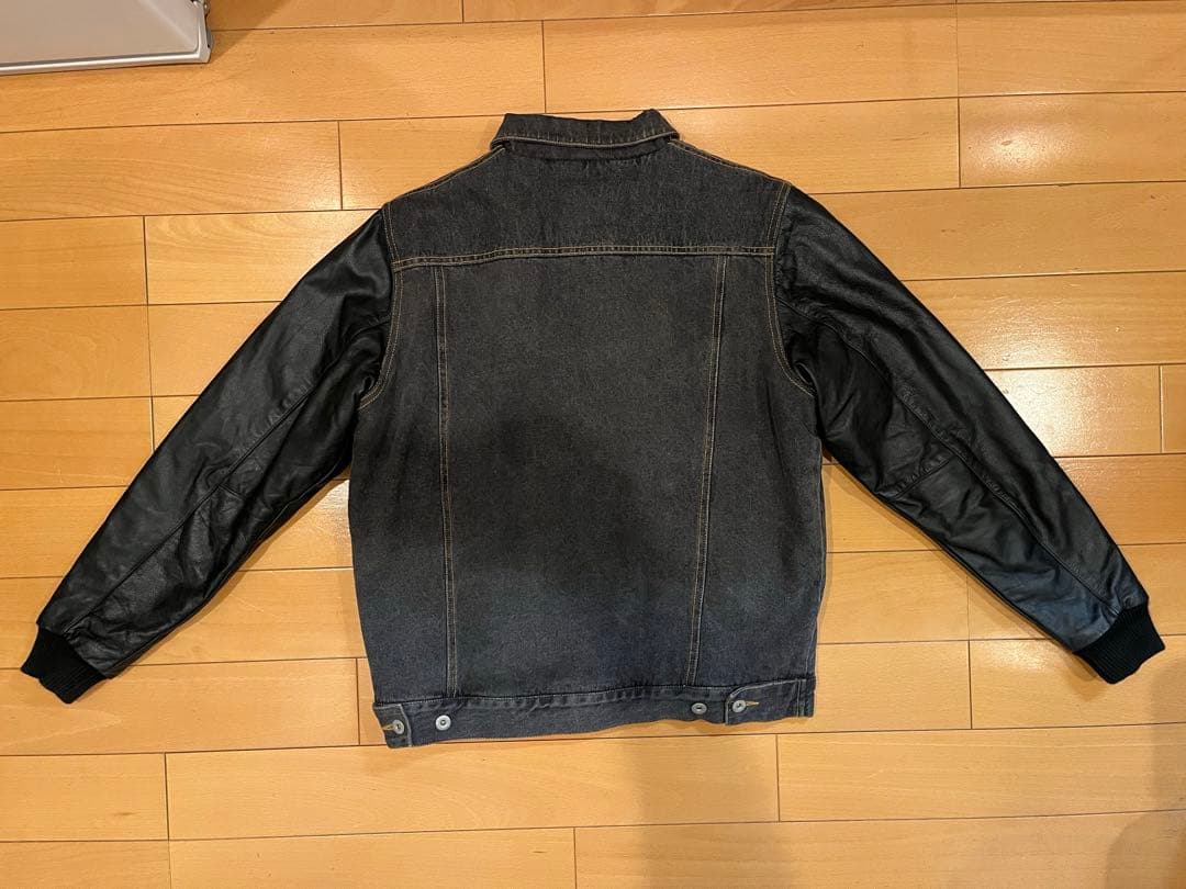 STUSSY ステューシー　デニムジャケット　袖レザー　ブラック