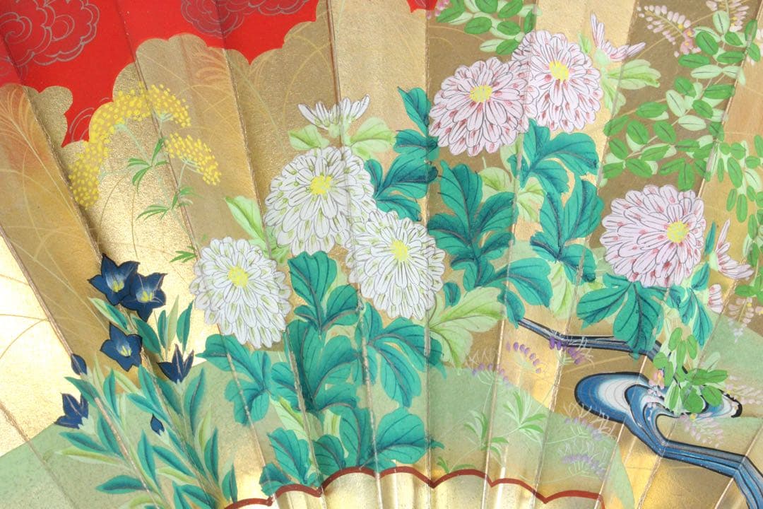 No4593 京都十松屋福井謹製　妻朱金地草花流水文　舞扇　木箱付　送料無料