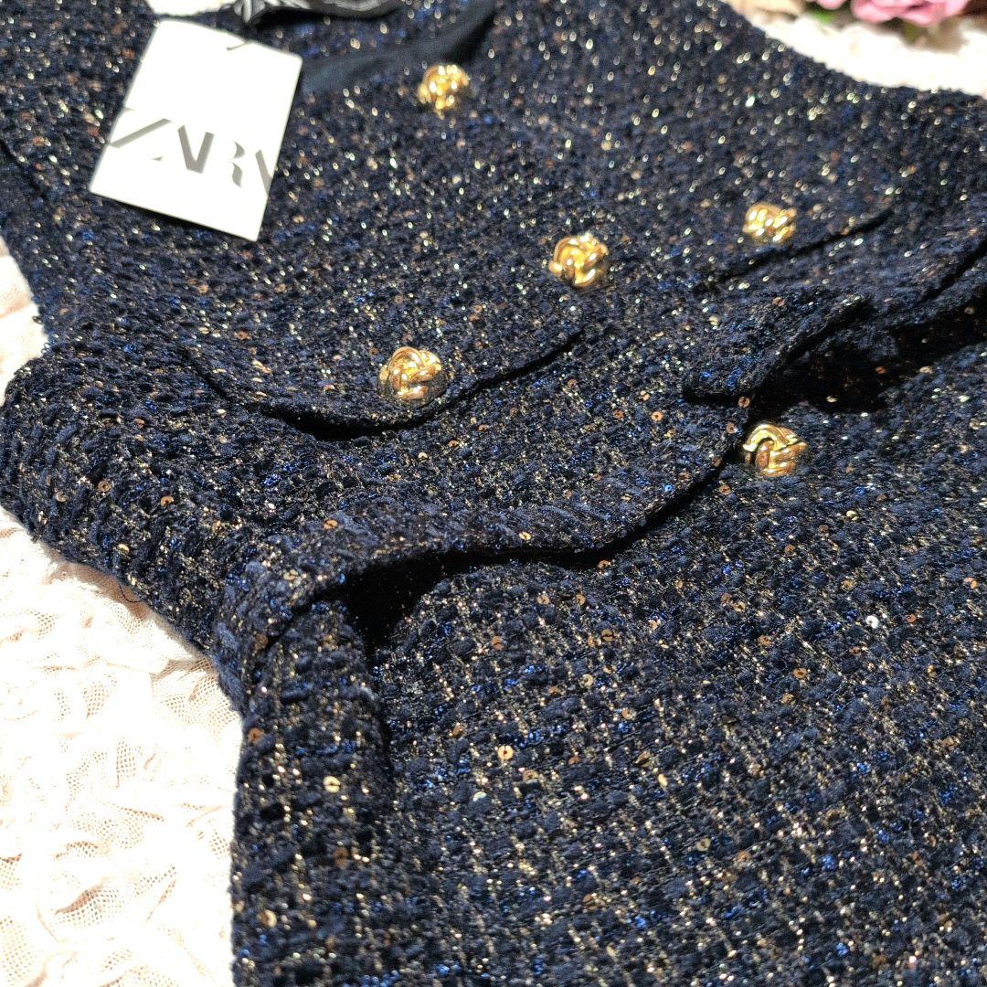 ☆新品☆ZARA ザラ ラメ ミックス ツイード インスタ 金ボタン ベスト M