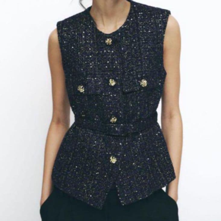 ☆新品☆ZARA ザラ ラメ ミックス ツイード インスタ 金ボタン ベスト M