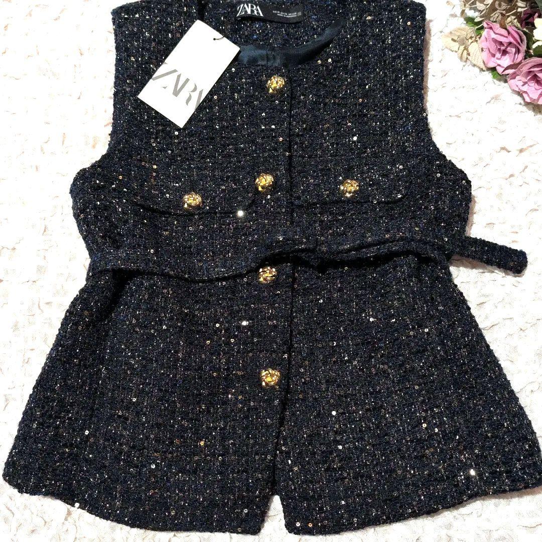 ☆新品☆ZARA ザラ ラメ ミックス ツイード インスタ 金ボタン ベスト M