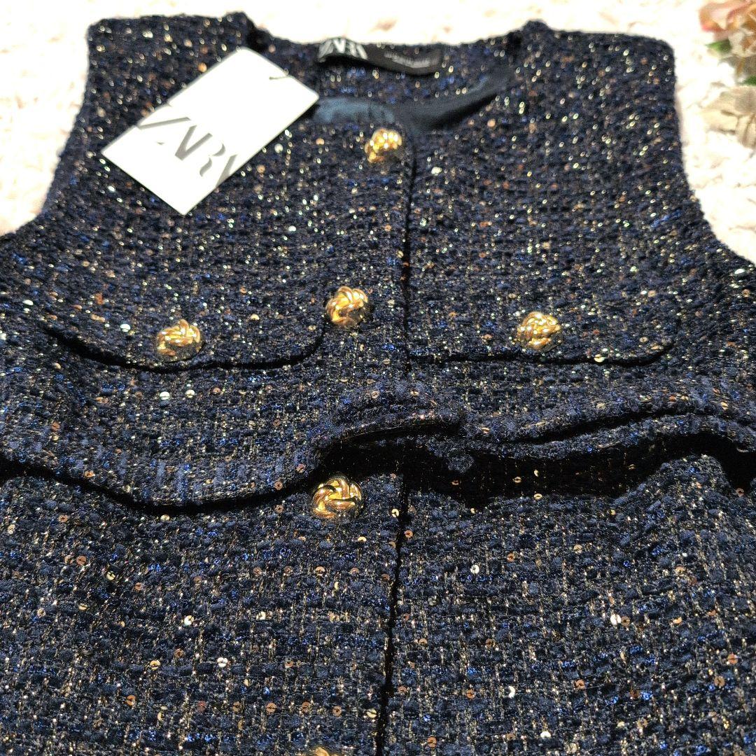 ☆新品☆ZARA ザラ ラメ ミックス ツイード インスタ 金ボタン ベスト M