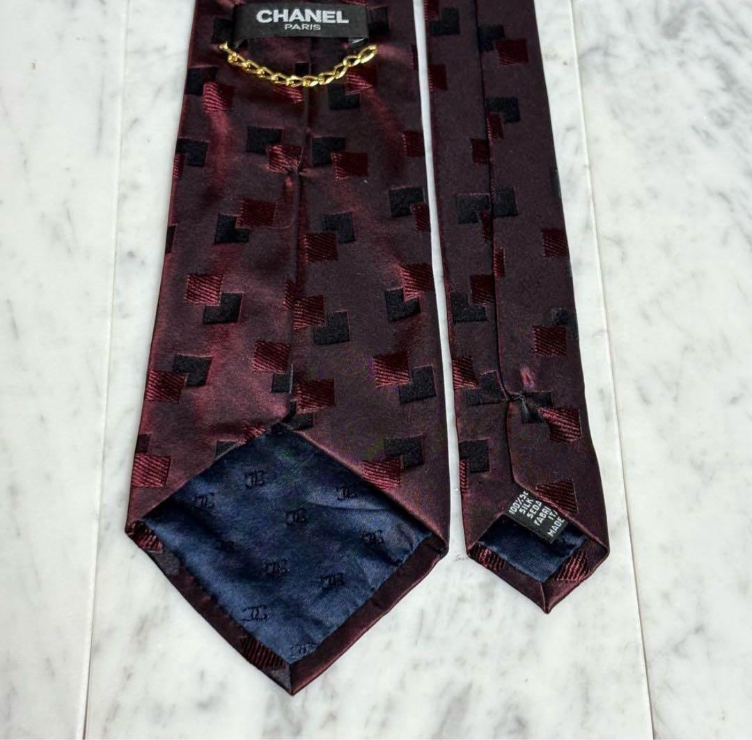 CHANEL シャネル ネクタイ レッド ボルドー ココマーク 光沢 イタリア製