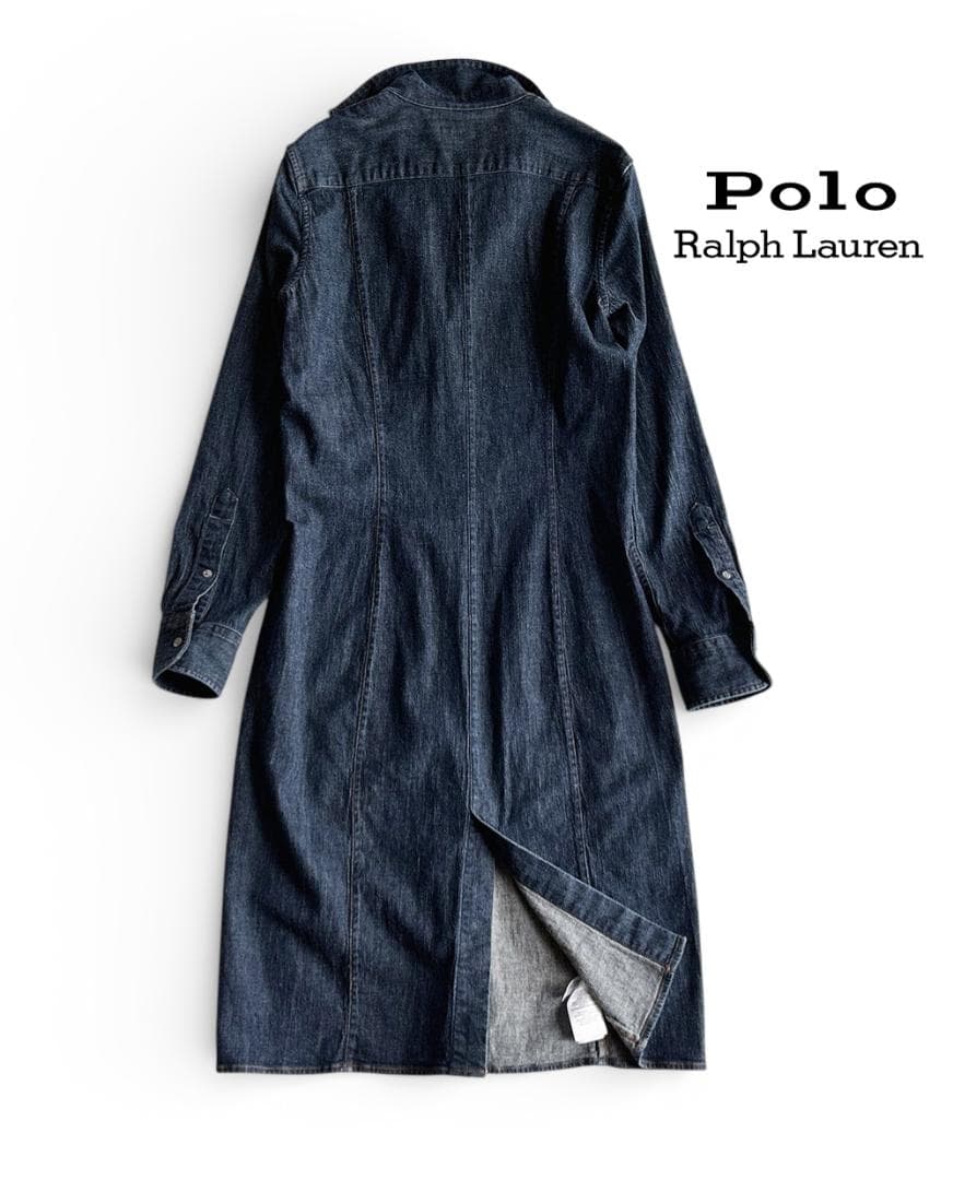 美品 ポロラルフローレン 洗えるストレッチ インディゴデニムロングワンピースＬ