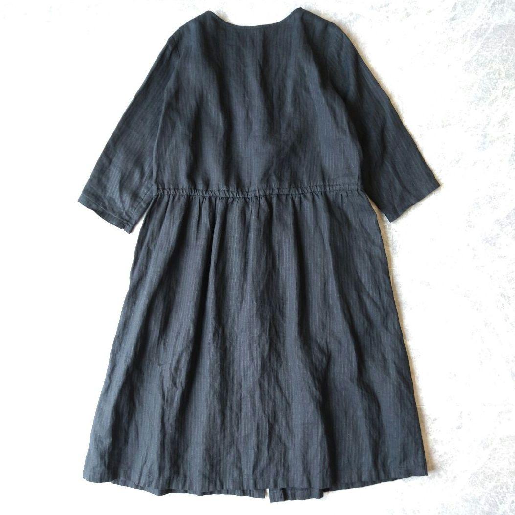 112 群言堂 石見銀山 リネン 麻100% ノーカラー シャツ ワンピース 黒