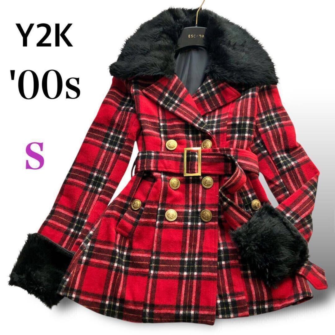 Y2K '00s⭐️美品 平成ギャル タータンチェック ファー Sサイズ レッド
