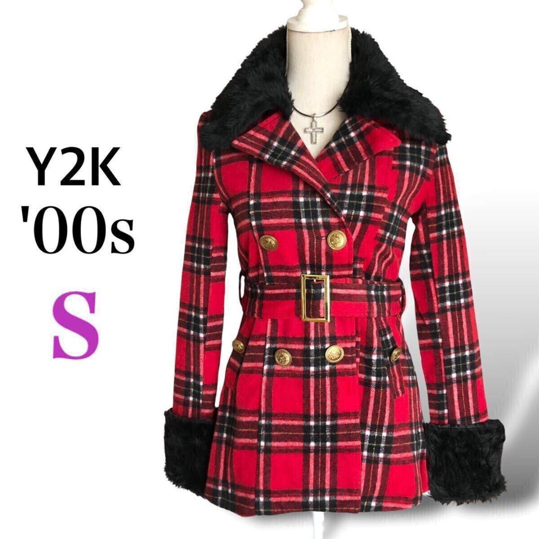 Y2K '00s⭐️美品 平成ギャル タータンチェック ファー Sサイズ レッド