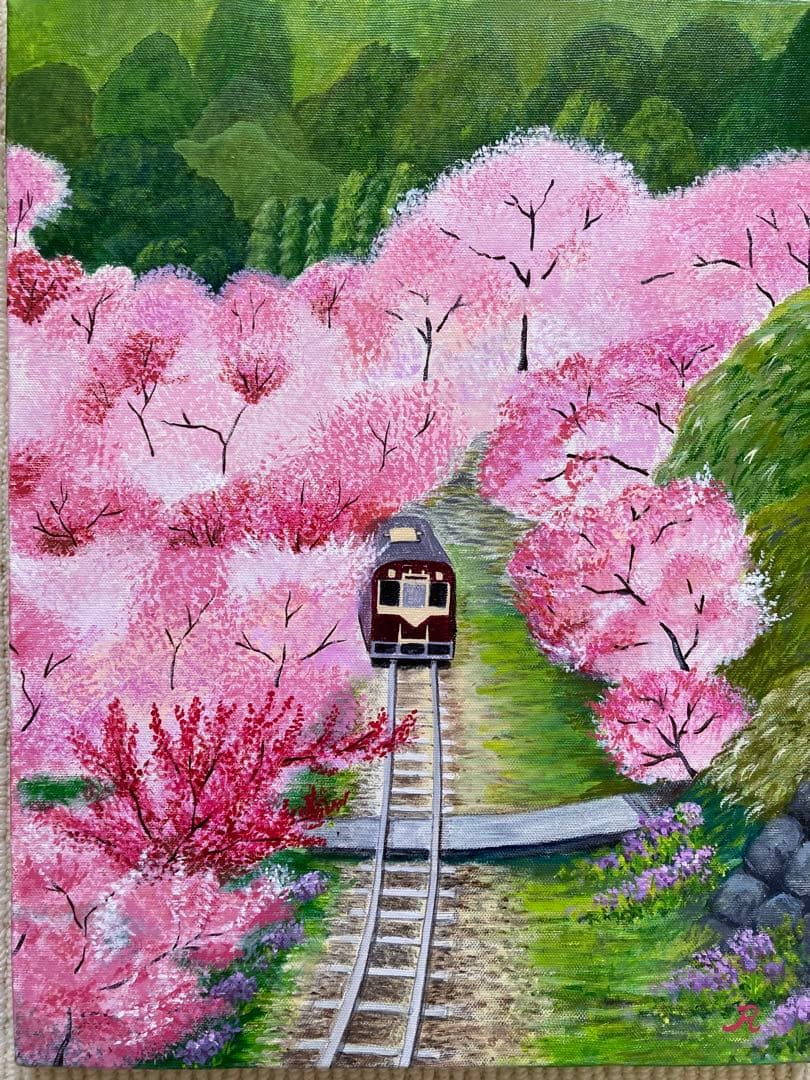 ご依頼品　花の絵　風景画　アクリル画　原画 「花桃のトンネル」F6「三春の滝桜」