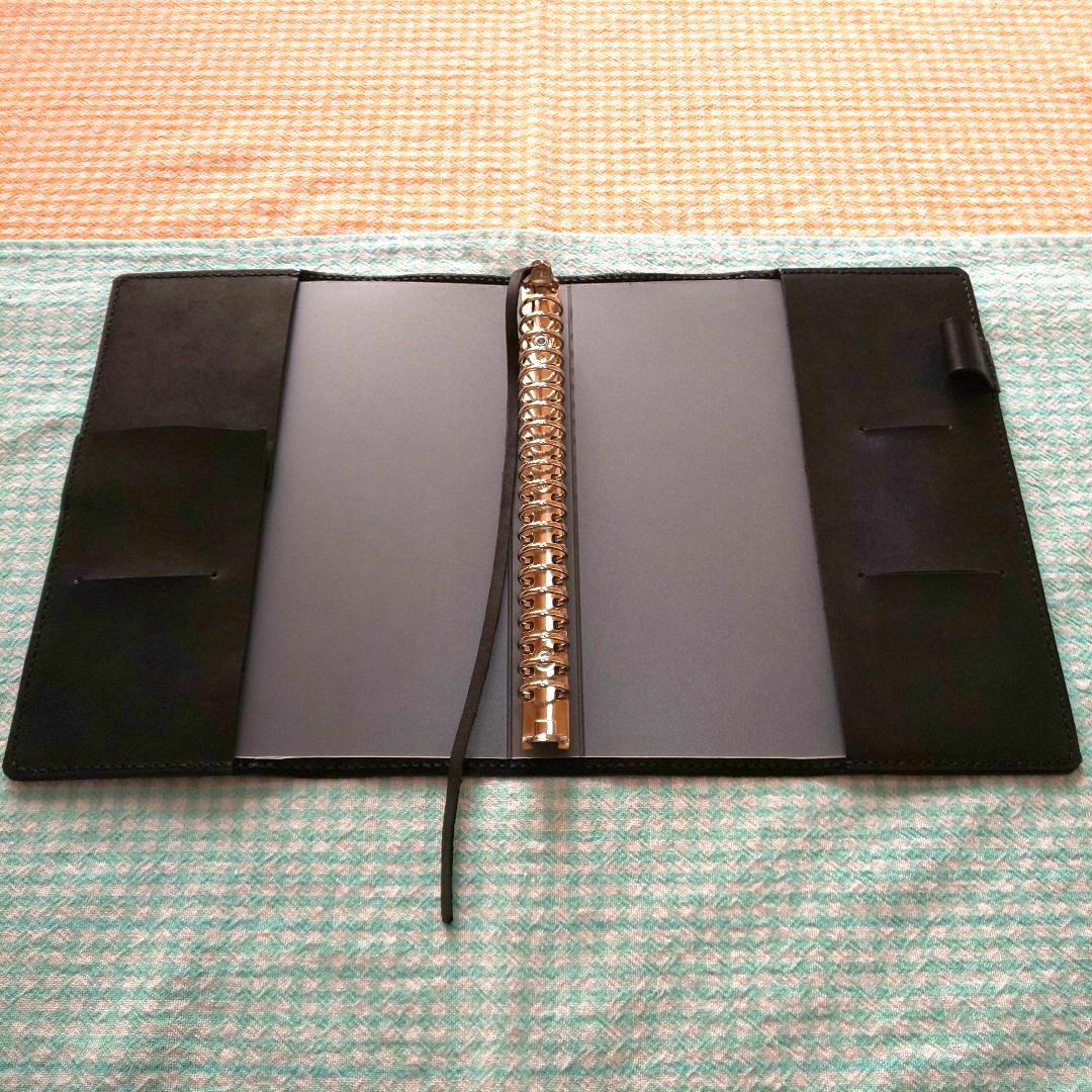 オイルワックスヌメ革 黒レザーカバー、A5サイズ20穴 手帳セット