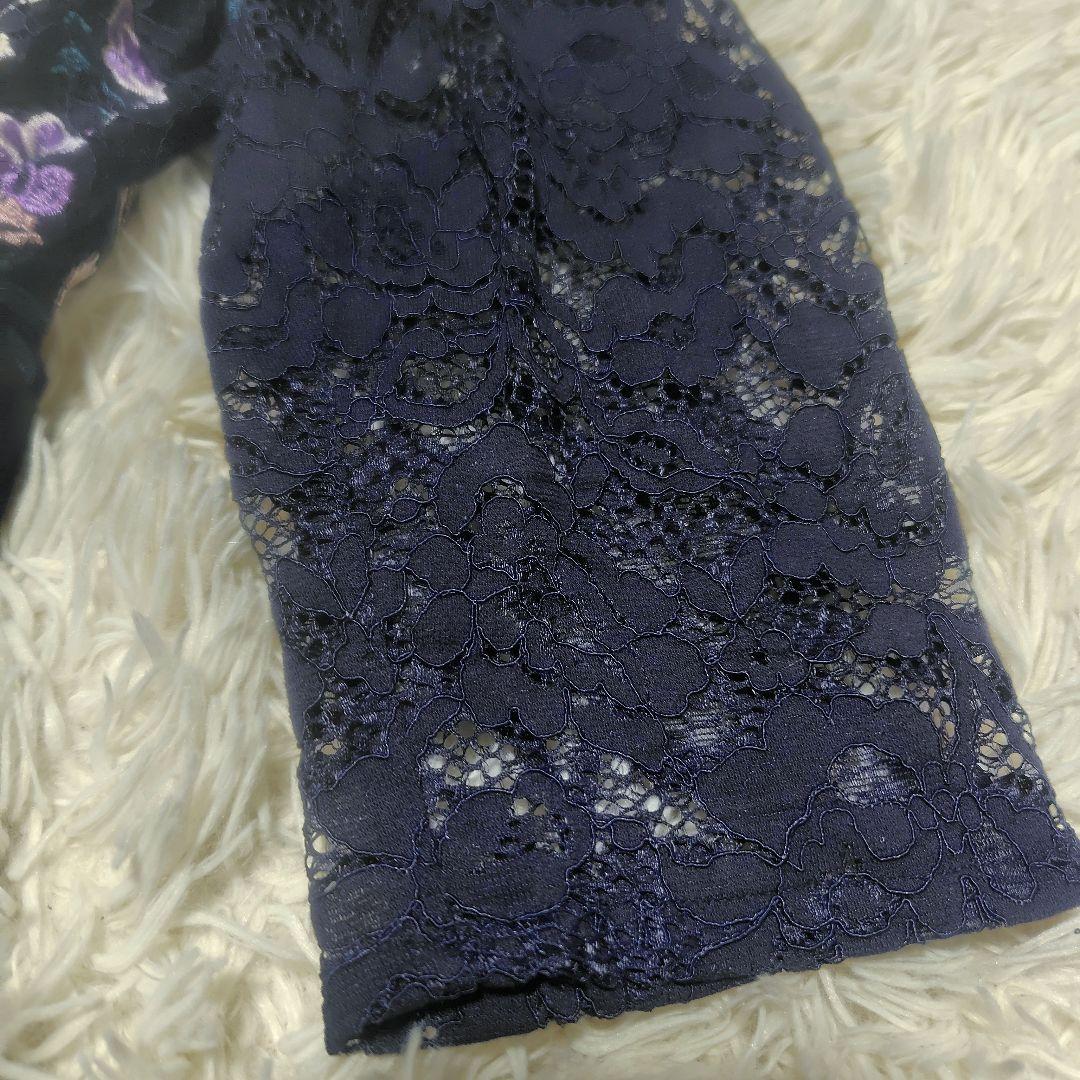 【極美品♡希少42】ローズティアラ高級ライン　フラワー刺繍&レースワンピース　紺