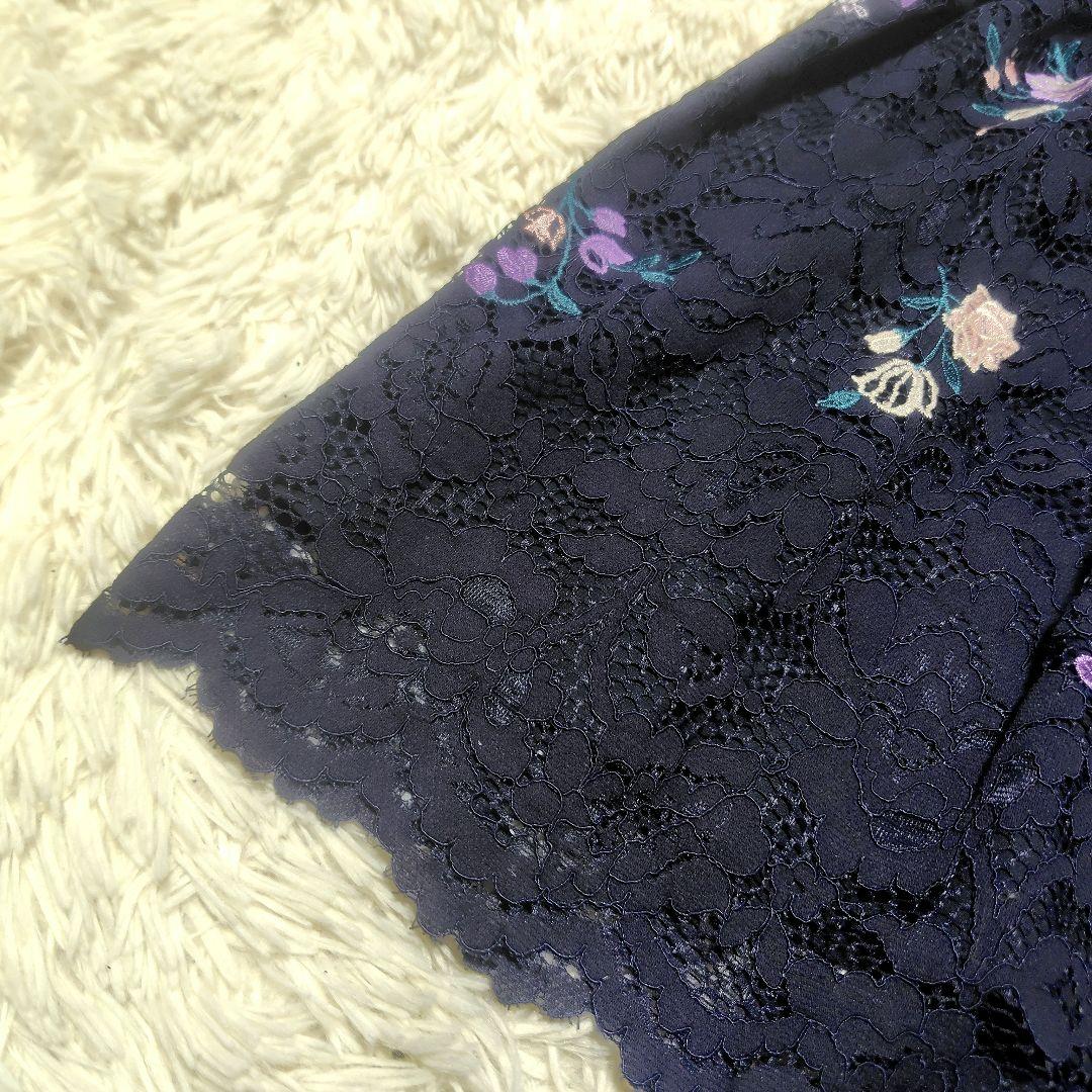 【極美品♡希少42】ローズティアラ高級ライン　フラワー刺繍&レースワンピース　紺
