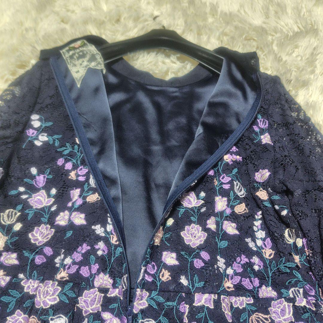 【極美品♡希少42】ローズティアラ高級ライン　フラワー刺繍&レースワンピース　紺