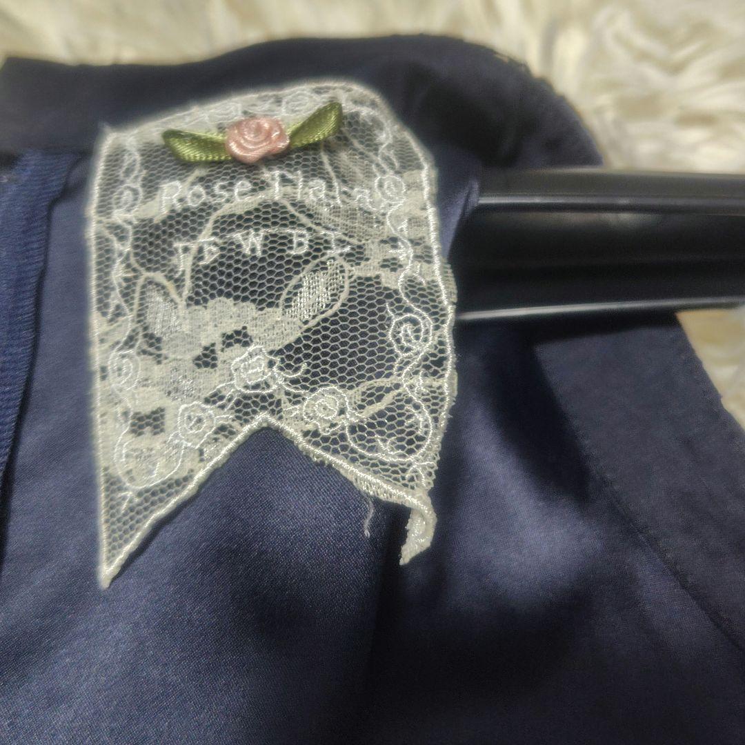 【極美品♡希少42】ローズティアラ高級ライン　フラワー刺繍&レースワンピース　紺