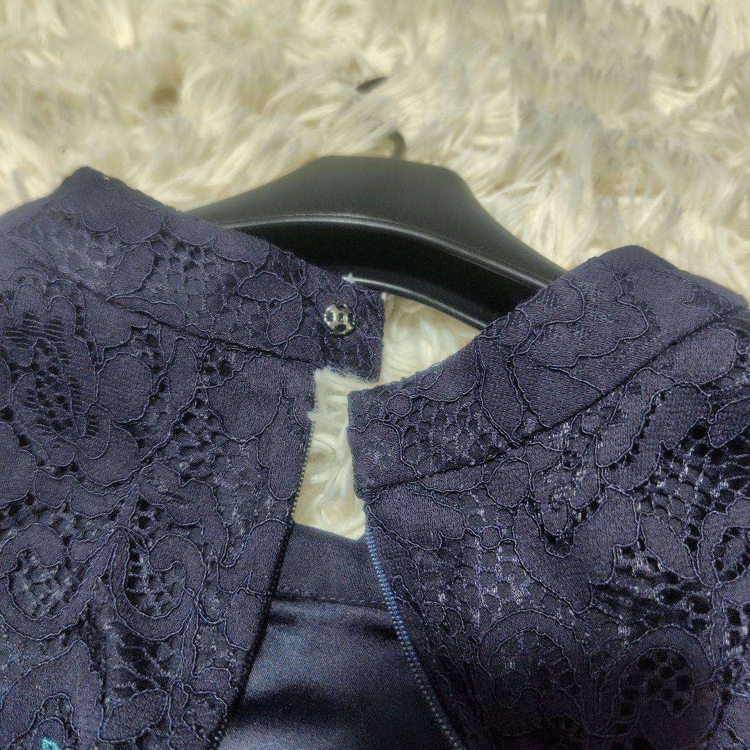 【極美品♡希少42】ローズティアラ高級ライン　フラワー刺繍&レースワンピース　紺