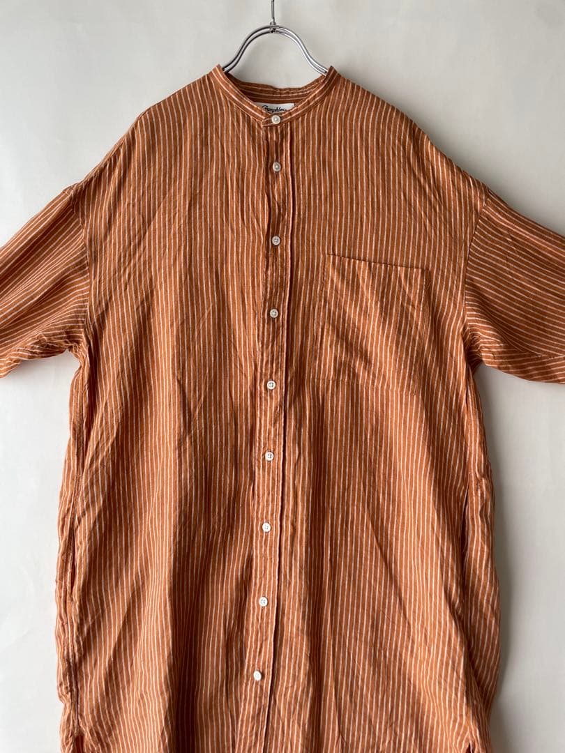 極美品✨ジムフレックス　14 リネン　オレンジストライプ　ロングシャツワンピース
