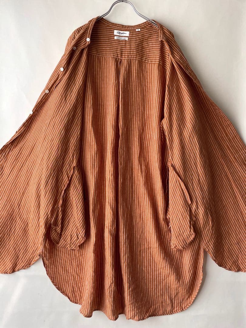 極美品✨ジムフレックス　14 リネン　オレンジストライプ　ロングシャツワンピース
