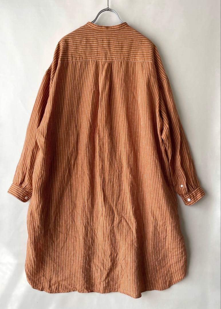 極美品✨ジムフレックス　14 リネン　オレンジストライプ　ロングシャツワンピース