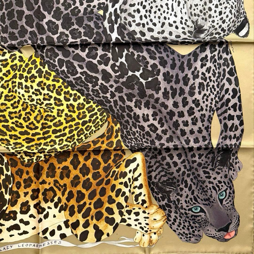 美品 ヒョウ柄 エルメス シルクスカーフ カレ90 レイジーレオパード 動物 茶