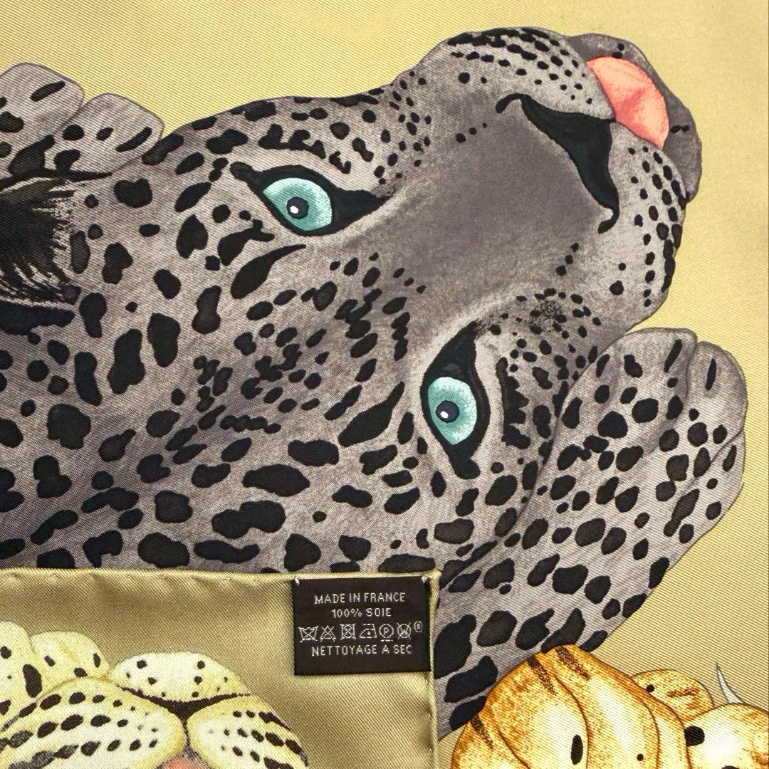美品 ヒョウ柄 エルメス シルクスカーフ カレ90 レイジーレオパード 動物 茶