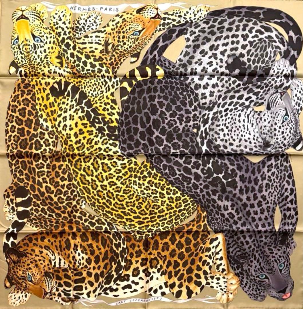 美品 ヒョウ柄 エルメス シルクスカーフ カレ90 レイジーレオパード 動物 茶