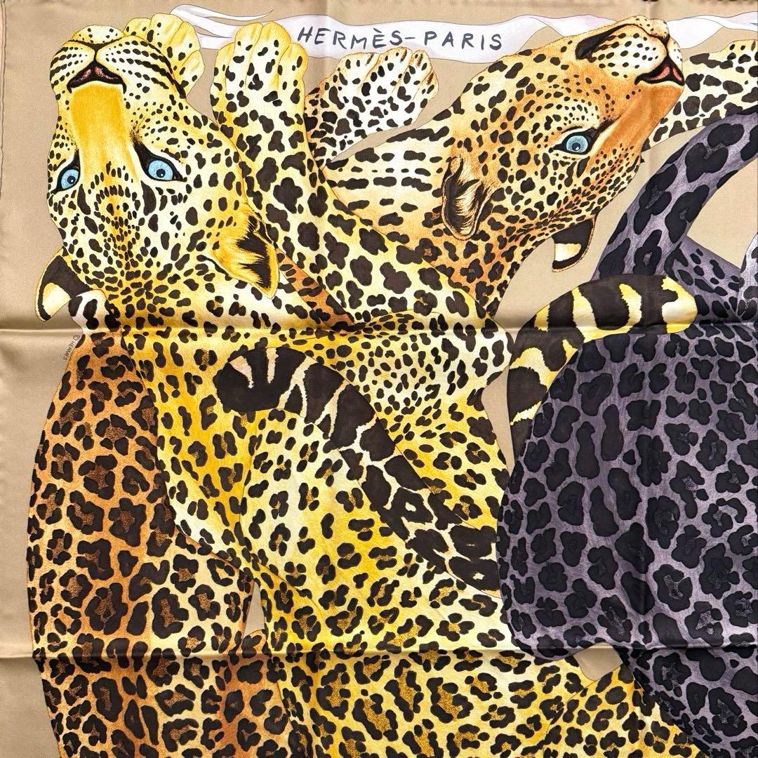 美品 ヒョウ柄 エルメス シルクスカーフ カレ90 レイジーレオパード 動物 茶