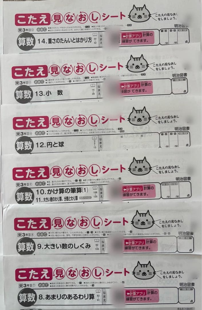 最新版　2025年度　小3 カラーテスト こたえ見なおしシート　算数　16枚
