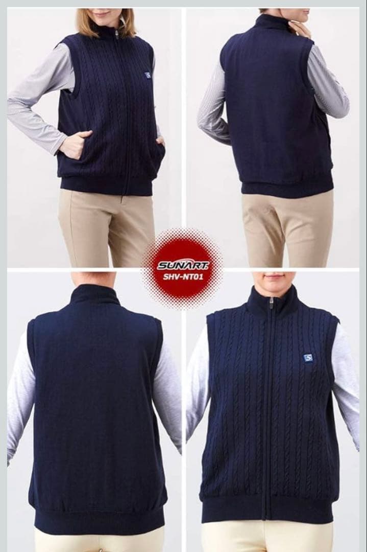 【美品】SUNART ヒーター内蔵ニットベスト ぬくさに首ったけ　ネイビー S