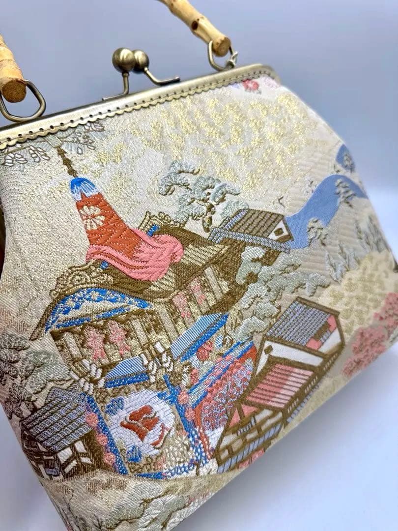 ハンドメイド　西陣織金襴 金糸 ラメ糸ハンド バッグ バンブー 持ち手#B241