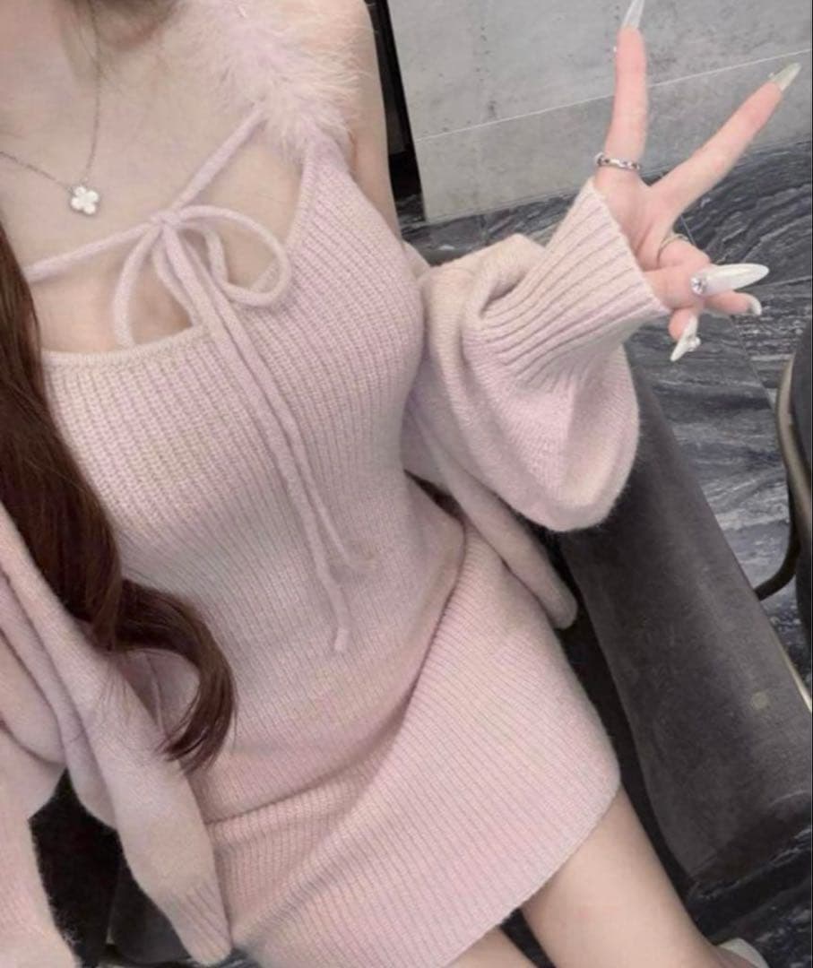 ルミニョン feather ribbon op + cardigan【ピンク】