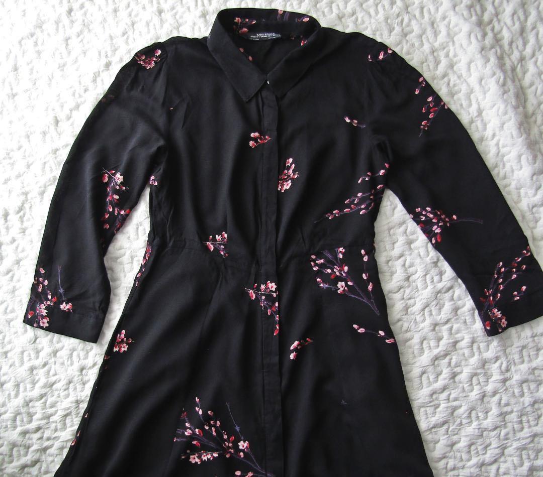 【未使用/ZARA/ザラ】桜ロングシャツワンピース/XS/黒/春/ブラック