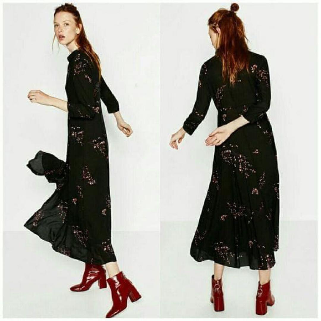 【未使用/ZARA/ザラ】桜ロングシャツワンピース/XS/黒/春/ブラック