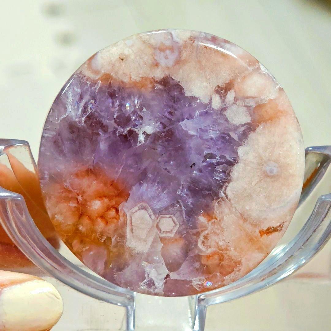 ​【激レア】紫ジオード 桜瑪瑙 丸玉 プレート ピンク 紫の爆晶 夢幻✨虹入り
