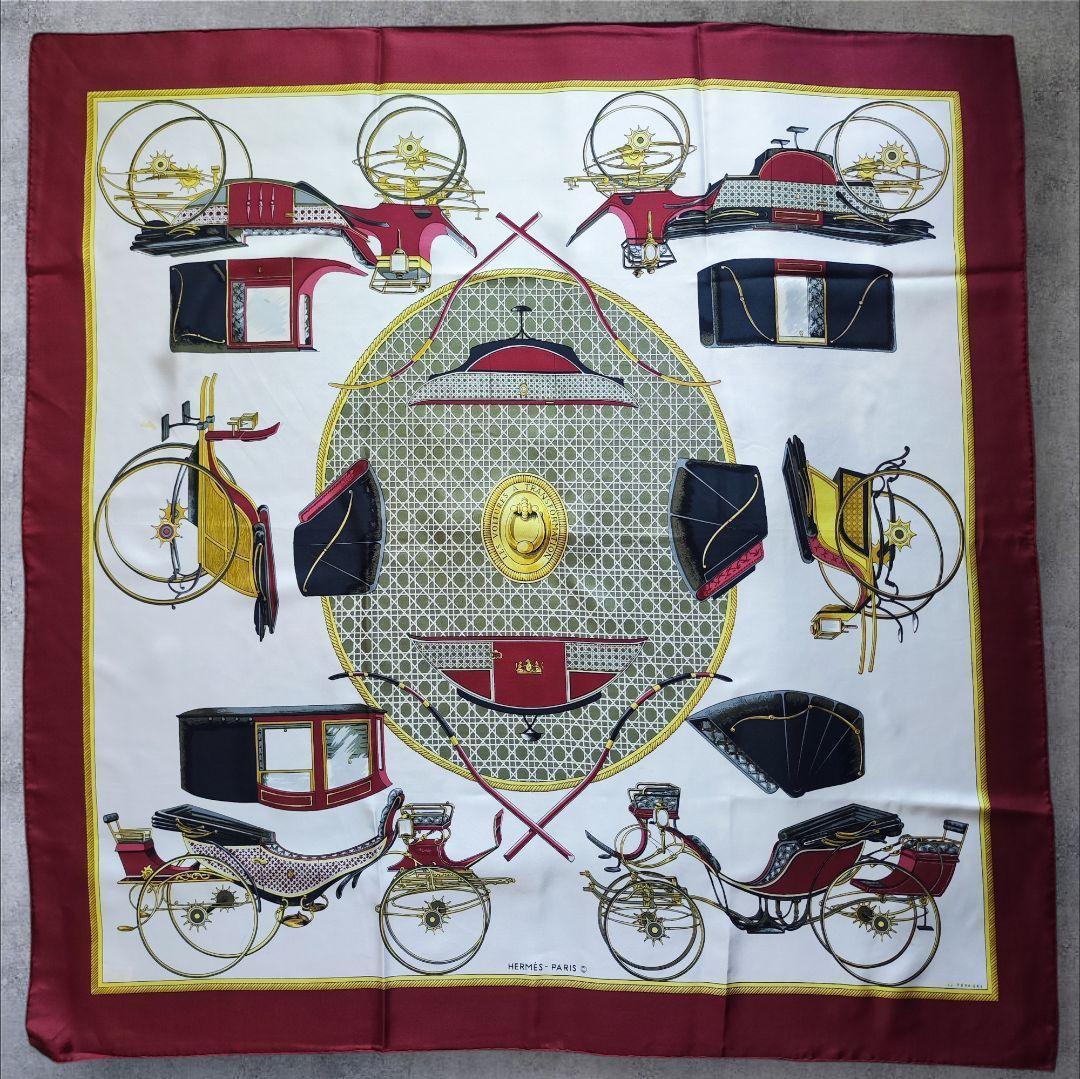 【美品】HERMES エルメス カレ90 折畳み式幌の馬車 ボルドー