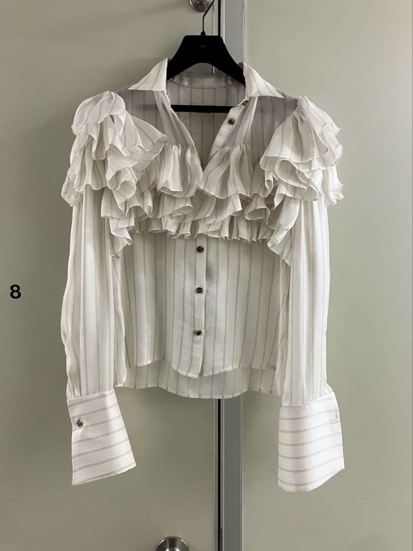 【KHAITE】 WHITE SILK stripe ruffle blouse