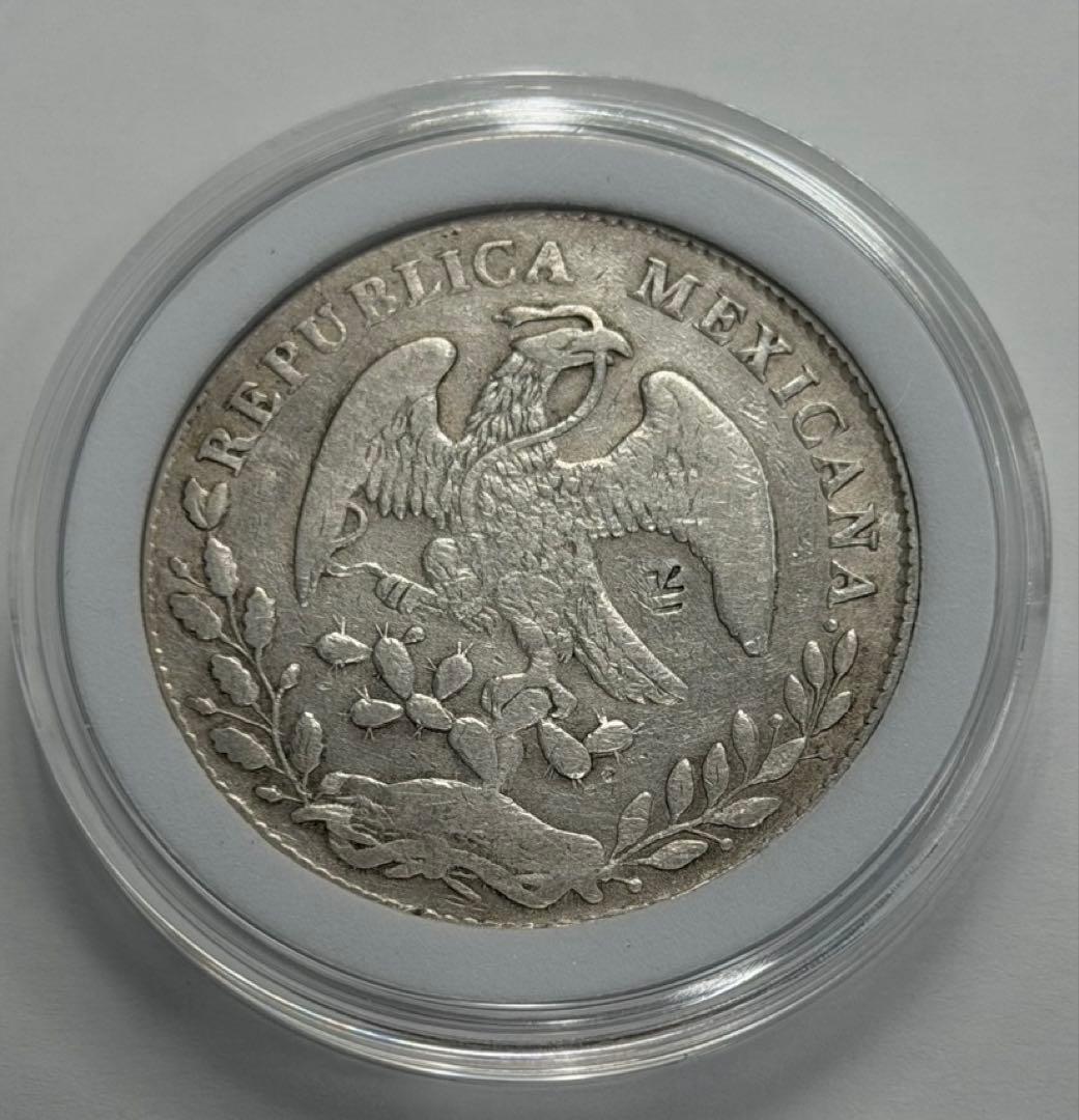 1877年- PI MMメキシコ 8レアル 自由の帽子大型銀貨 荘印あり