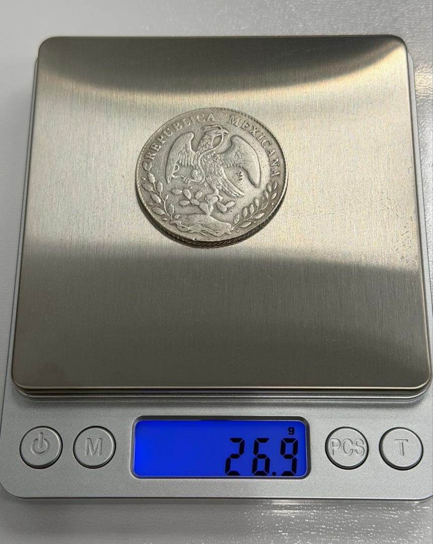 1877年- PI MMメキシコ 8レアル 自由の帽子大型銀貨 荘印あり