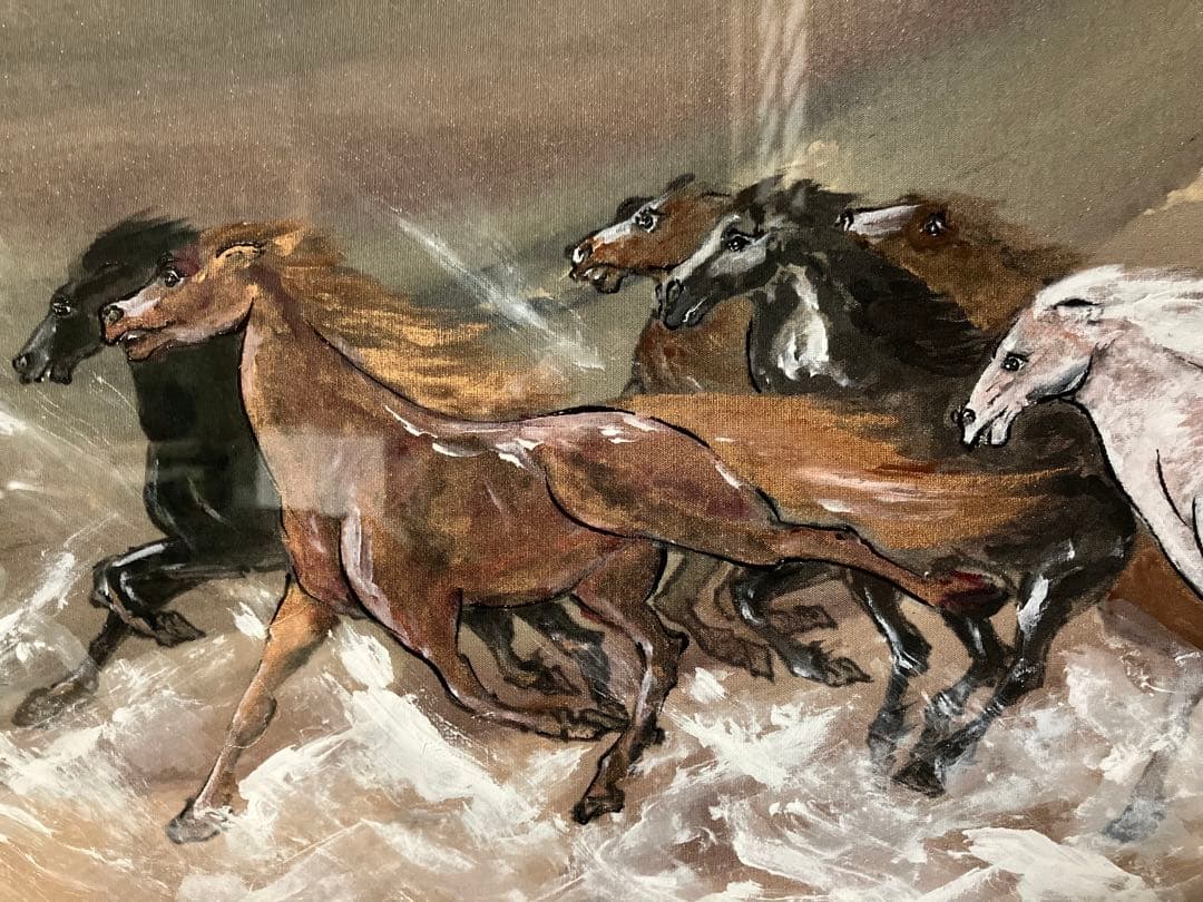 佐藤暢芳作、馬、シルク、絵画、サイン、落款