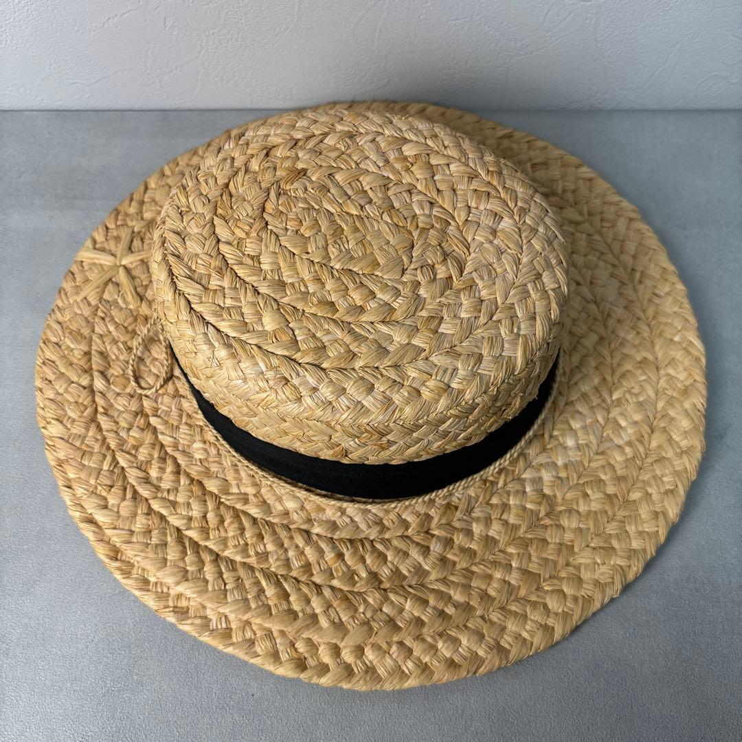 美品✨ヘレンカミンスキー 麦わら帽子 ハット ラフィア ロゴ金具 リボン