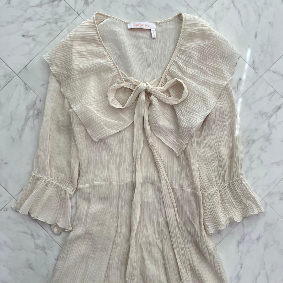 SeeByChloé シルクコットン　シアー楊柳ロングワンピース リボン襟　36