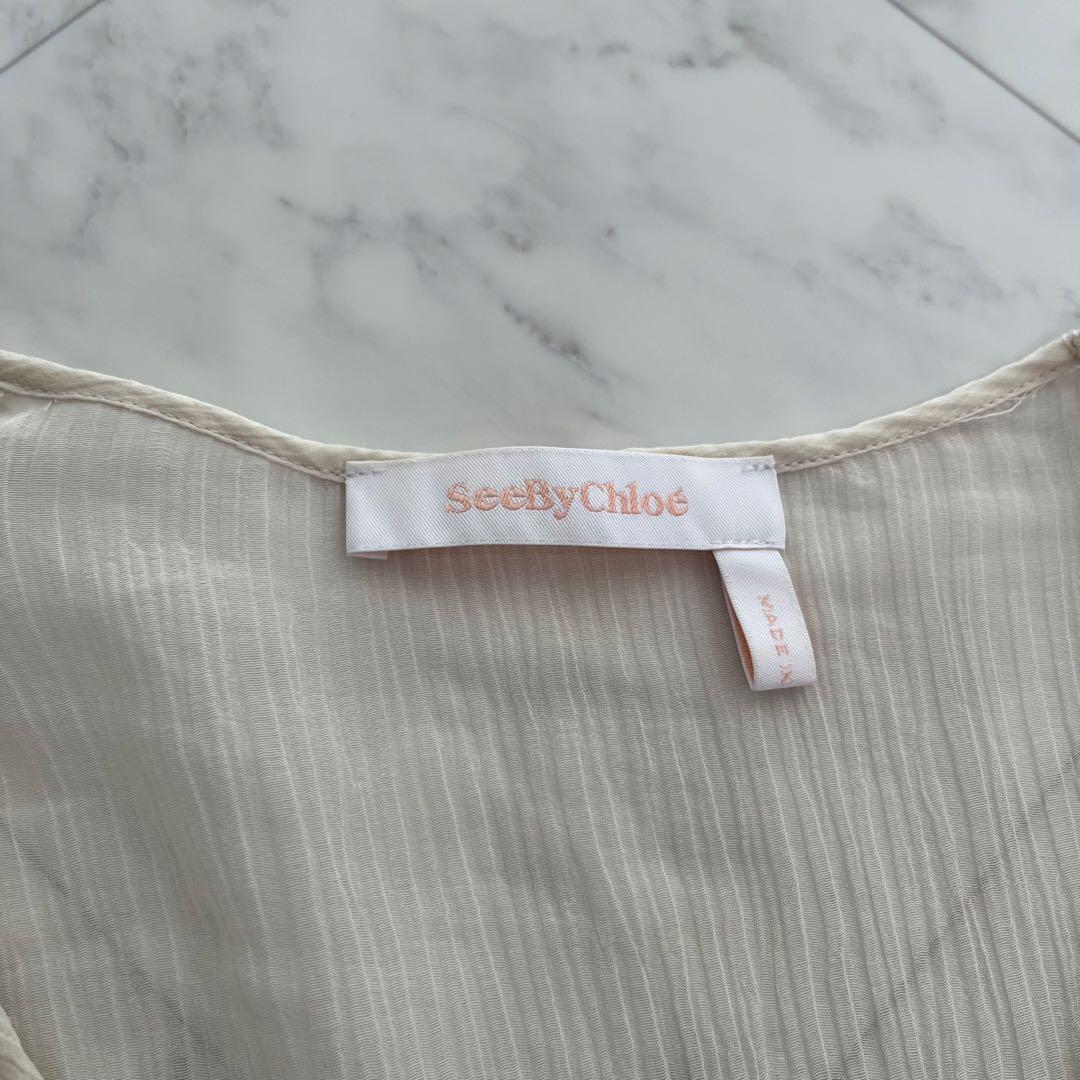 SeeByChloé シルクコットン　シアー楊柳ロングワンピース リボン襟　36