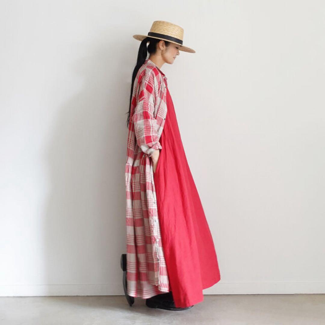 ichi Antiquités リネンポミエチェックシャツワンピース