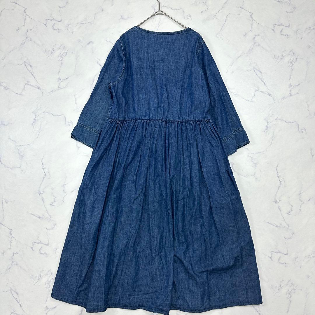 【a piece of library】麻混 カシュクール デニム ワンピース