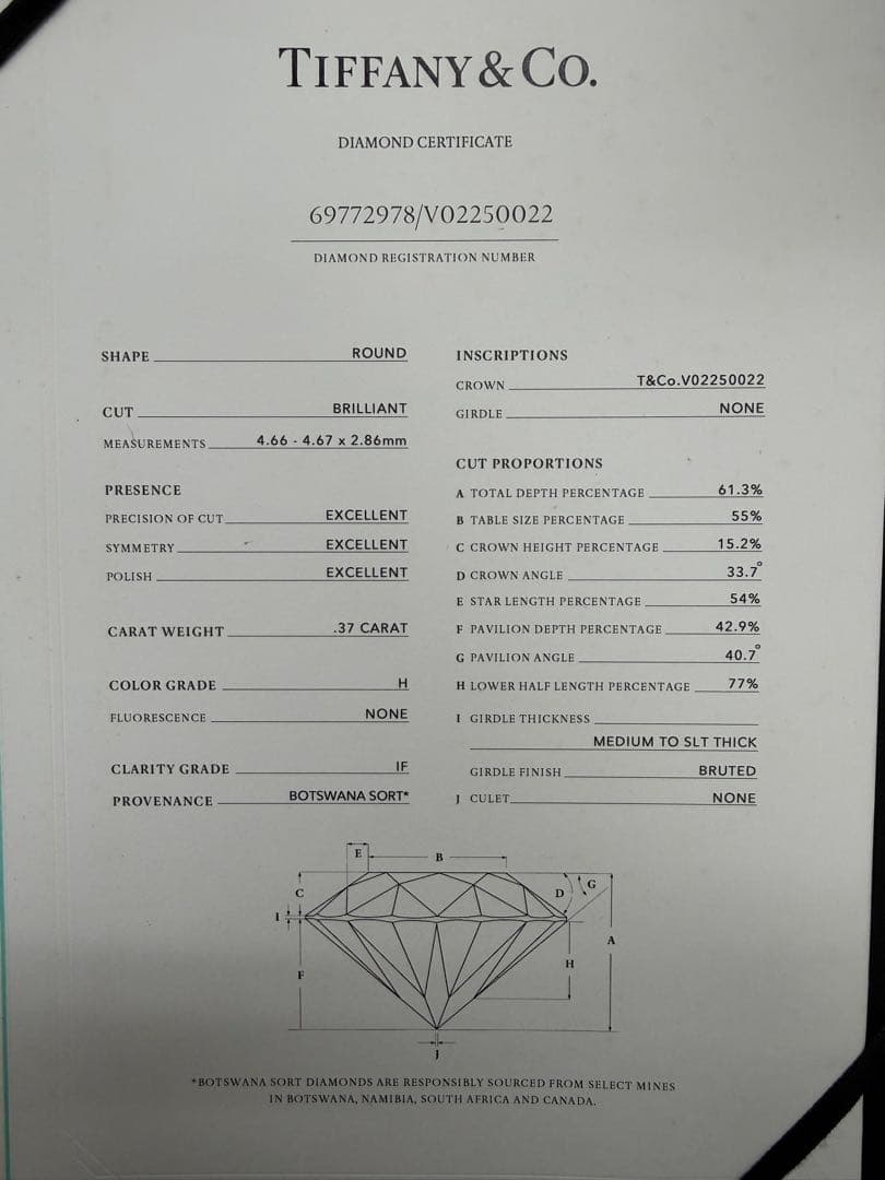 ティファニー　PT950 ダイヤモンド0.37ct リング　鑑別書&箱