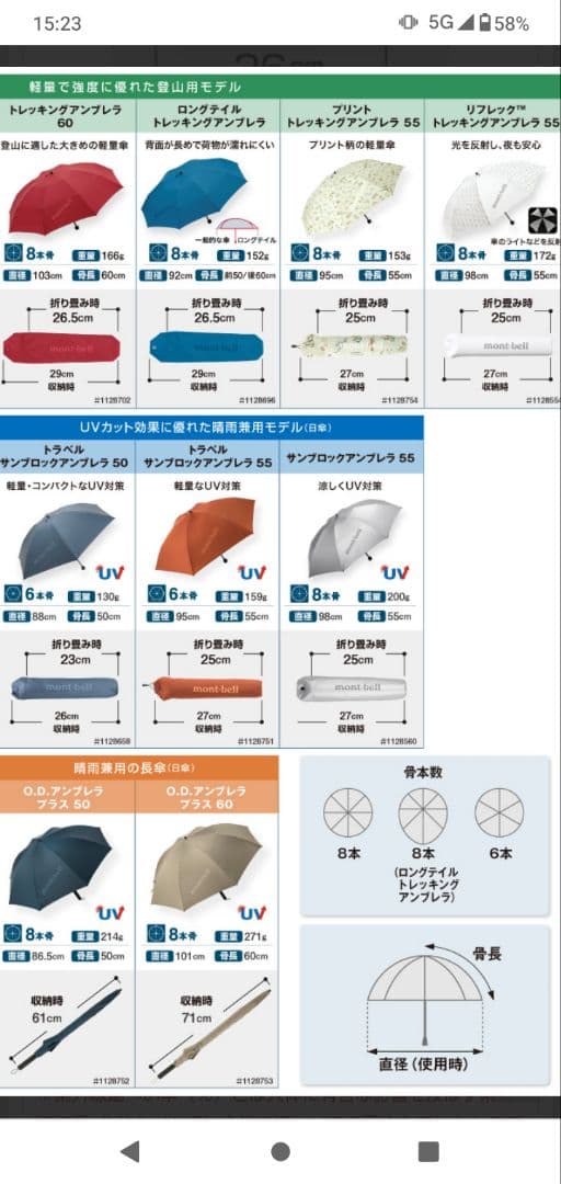 montbellプリントトレッキングアンブレラ55グレーマルチ晴雨兼用折り畳み傘
