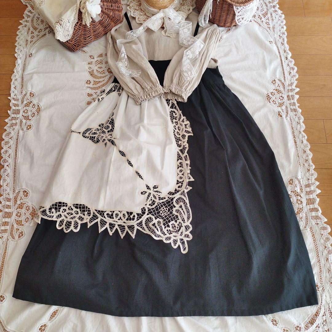 ハンドメイド*作家様*リネン100%*バテンレースワンピース*アンティーククロス