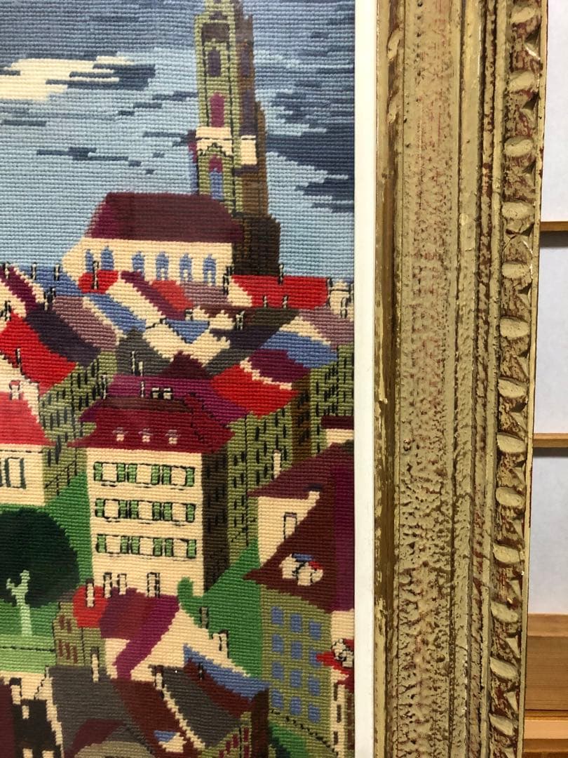 アンティーク調額縁大　ゴブラン刺繍イタリア町風景