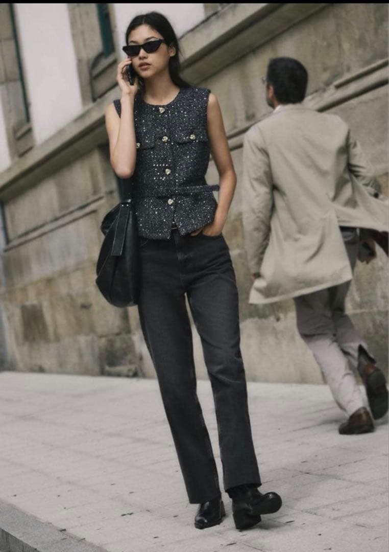 【完売品】ZARA ネイビー ツイード ベスト S キラキラ　スパンコール